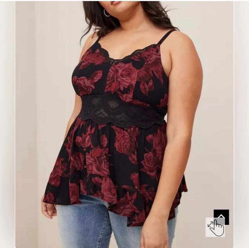 Torrid Black and Red Rose Print Babydoll Gauze Lace Inset Cami Top size 2